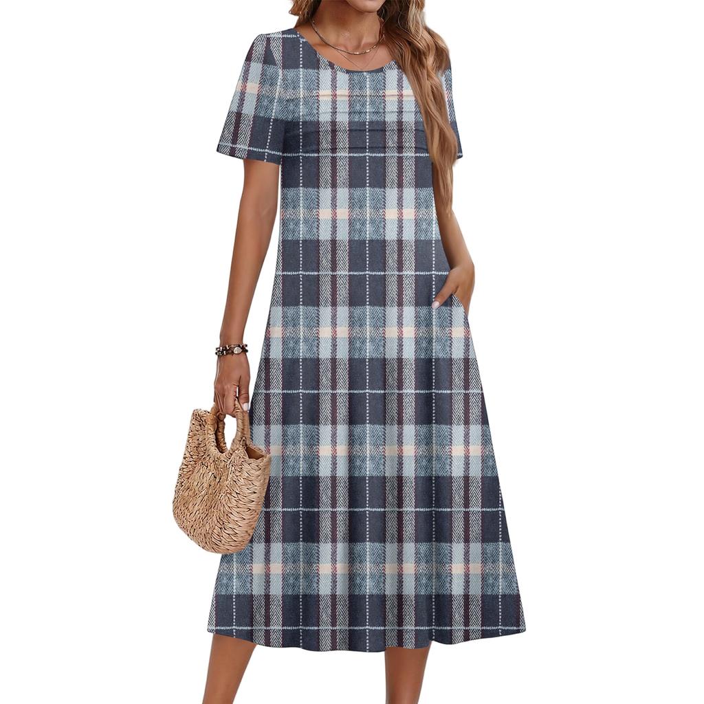Damen kariertes bedrucktes lässiges und modisches kurzärmeliges Rundhalskleid