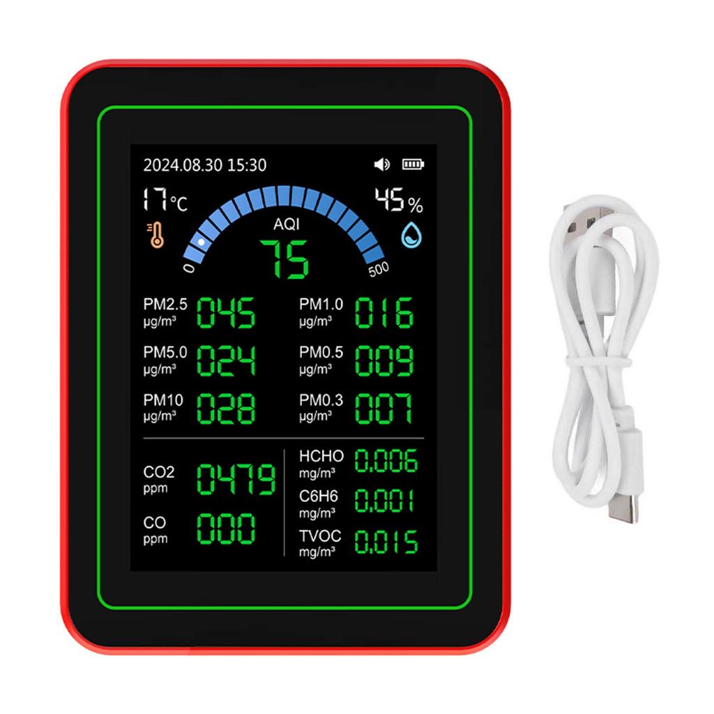 Air Quality Meter 18 In 1 CO2 TVOC HCHO PM2.5 PM10 Temp Humid Detect Tester Indoor Battery Powered Data Storage Black