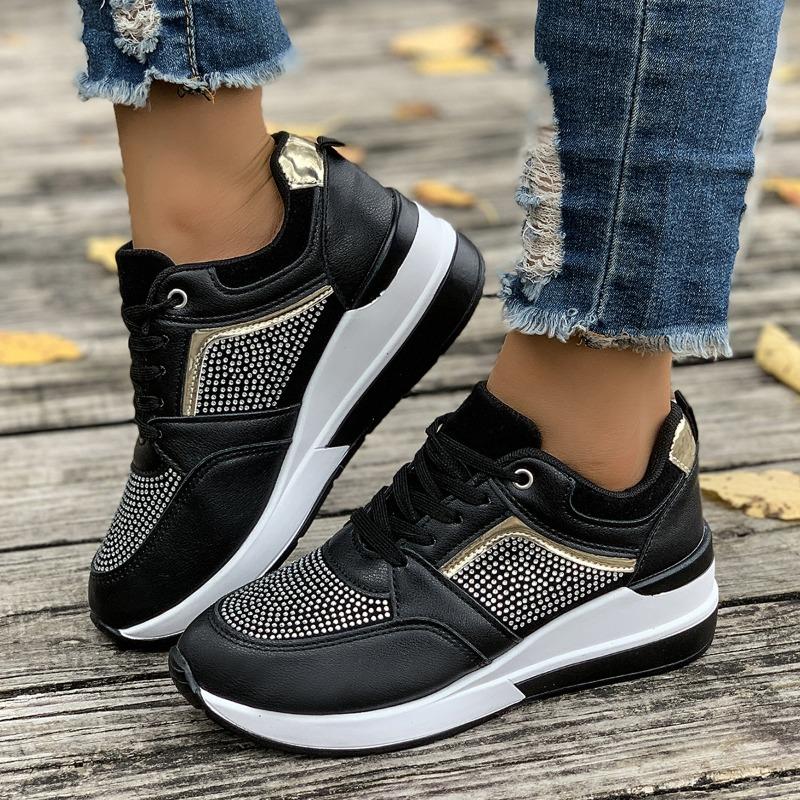 Large size sports women's leisure spring and summer new thick-soled slope heel casual shoes lace-up rhinestone sports trendy shoes