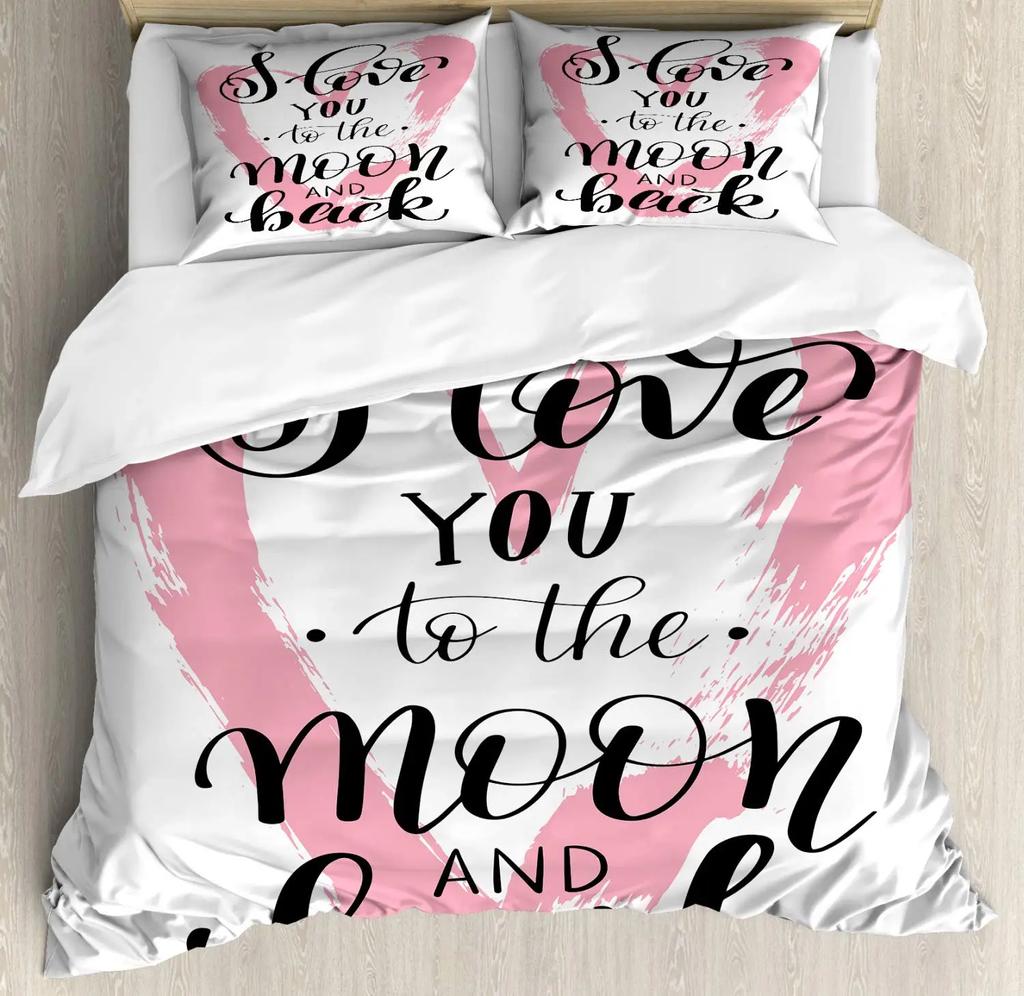I Love You Duvet Cover Hand Drawn I Love You To The Moon And Back Words With Stars Celebration King Size Polyester Bedding Set