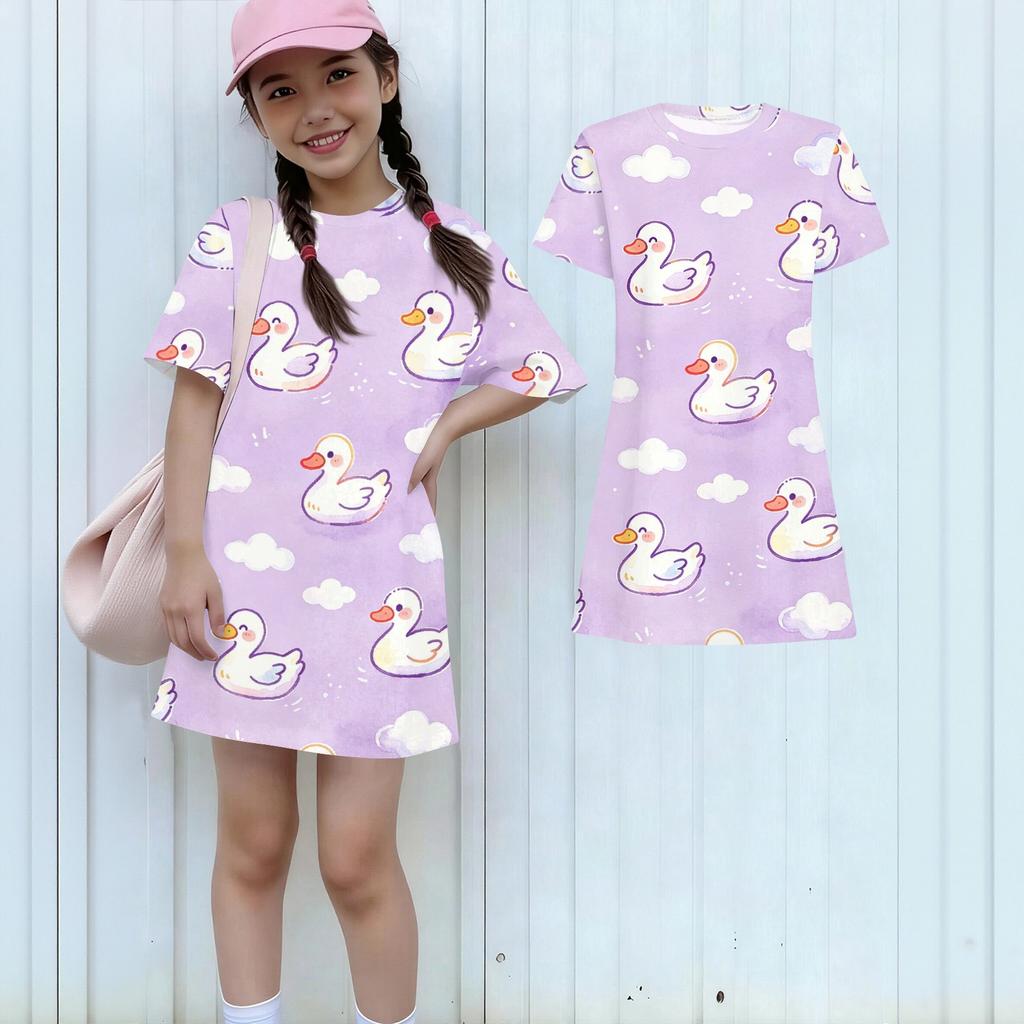 Girls Animal Print Dress Short Sleeve Loose Fit Round Neck Lightweight Casual Dress for Kids Summer Wear