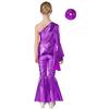 Girls One Shoulder Bell Bottom Jumpsuit Metallic Shiny Flare Sleeve Bodysuit Dance Costume Set Hair Accessory