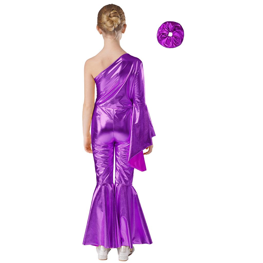 Girls One Shoulder Bell Bottom Jumpsuit Metallic Shiny Flare Sleeve Bodysuit Dance Costume Set Hair Accessory