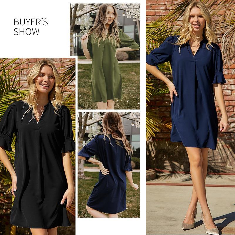 

Solid Color Loose Casual V-Neck Short-Sleeved Knee-Length Skirt S
