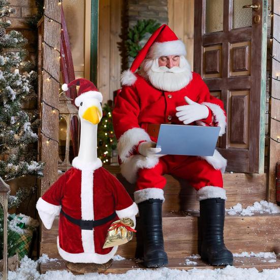 Yousheng Santa Claus Goose Outfit Christmas Porch Goose Costume Festive Clothes And Hat for 23" High Cement or Plastic Goose Lawn Patio Garden Decor