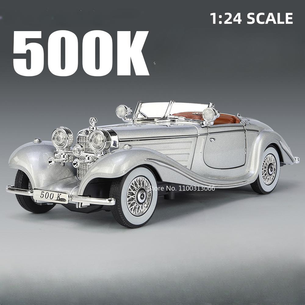 1:24 Scale 500K E-TYPE Model Car Toy Rubber Tires Wheel Steering Miniature Vintage Car Light Music Vehicle Kids Festival Gifts