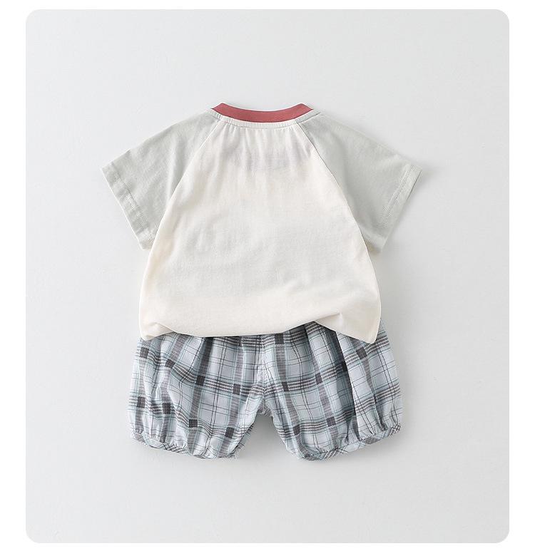Sommer Jungen Cartoon Print Zweiteiliges Set: Kurzarm-T-Shirt & Karierte Shorts