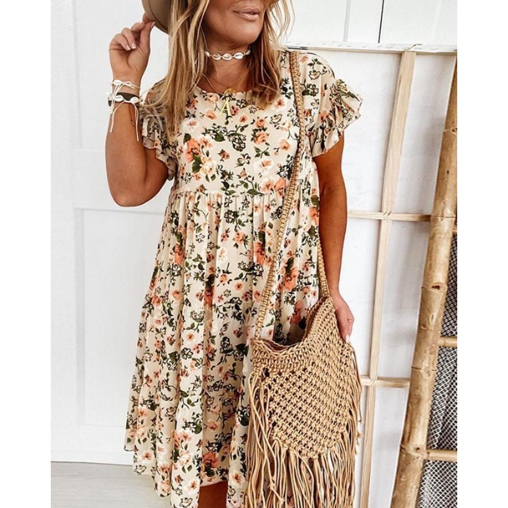2025 Spring Summer Round Neck Flower Printed Short Sleeve Loose Dress Fashionable and Versatile Trend