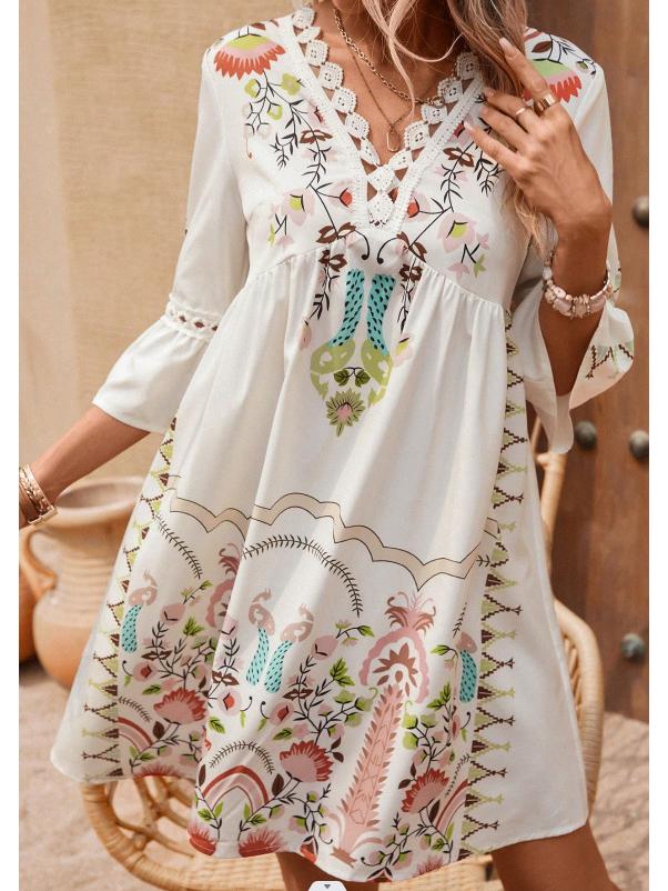 Women's Summer V-Neck Lace Patchwork Casual Printed Dress