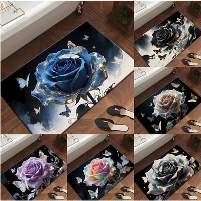 Visueller 3D Rosen Teppich Nordischer Stil Schmetterling Rose Badezimmer Anti-Rutsch Saugfähige Fußmatte Heimdekoration