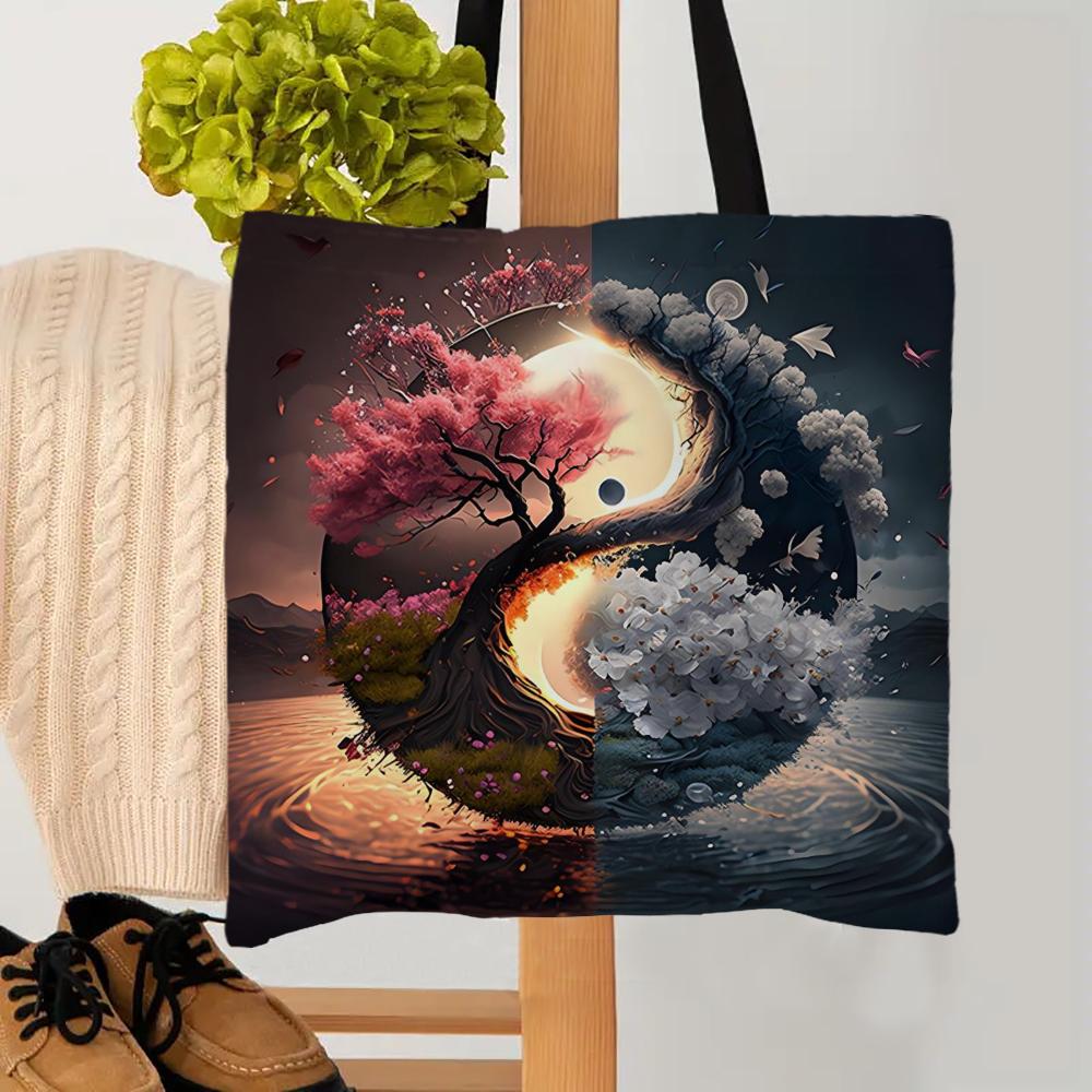 1PC Tree Of Life Tarot Tote Shoulder Bag Moon Phase Plants Bags Storage Handle Shopping Bag Portable Supermarket Bag Tote Bag