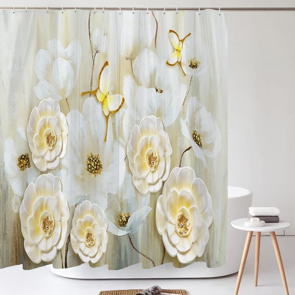 Elegant Bukett Av Fantastiska Vita Blommor 3D-stil Duschdraperi Badrumsgardin Med Badrumsmatta Mattset Blommig Heminredning