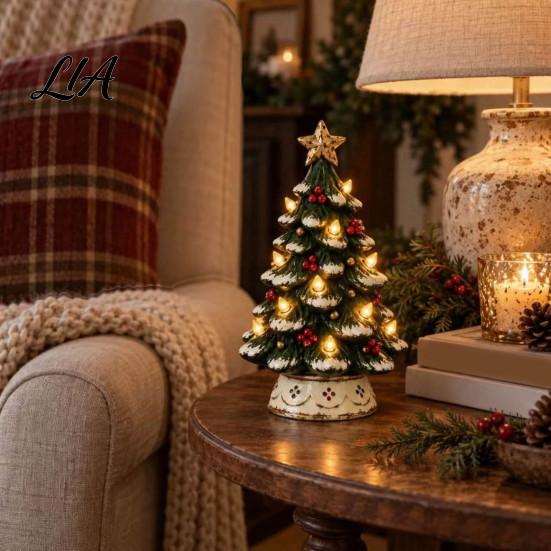 DIY Craft Art Ornament Lighted Christmas Tree Tabletop Decor, Resin LED Artificial Xmas Exquisite Holiday Party with Warm Glow, USB Powered