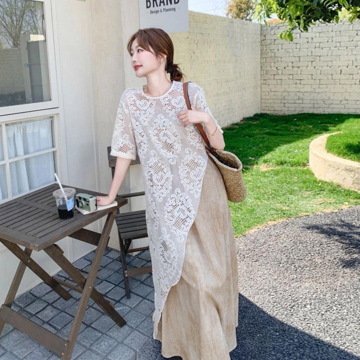 Элегантный кружевной комплект-платье-камисоль для женщин большого размера с изгибами - Лето 2026 Французский модный двухпредметный комплект S