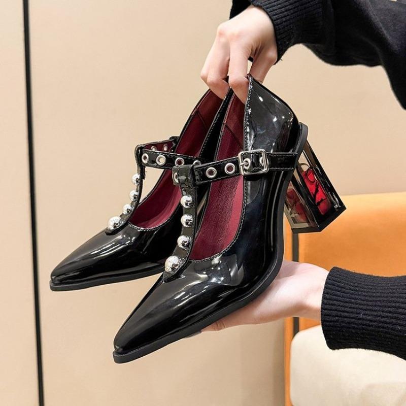 Women's Thick Heel Shoes Spring New Pointed Head Shallow Mouth Rivets Metal Buckle Line Belt High Heels
