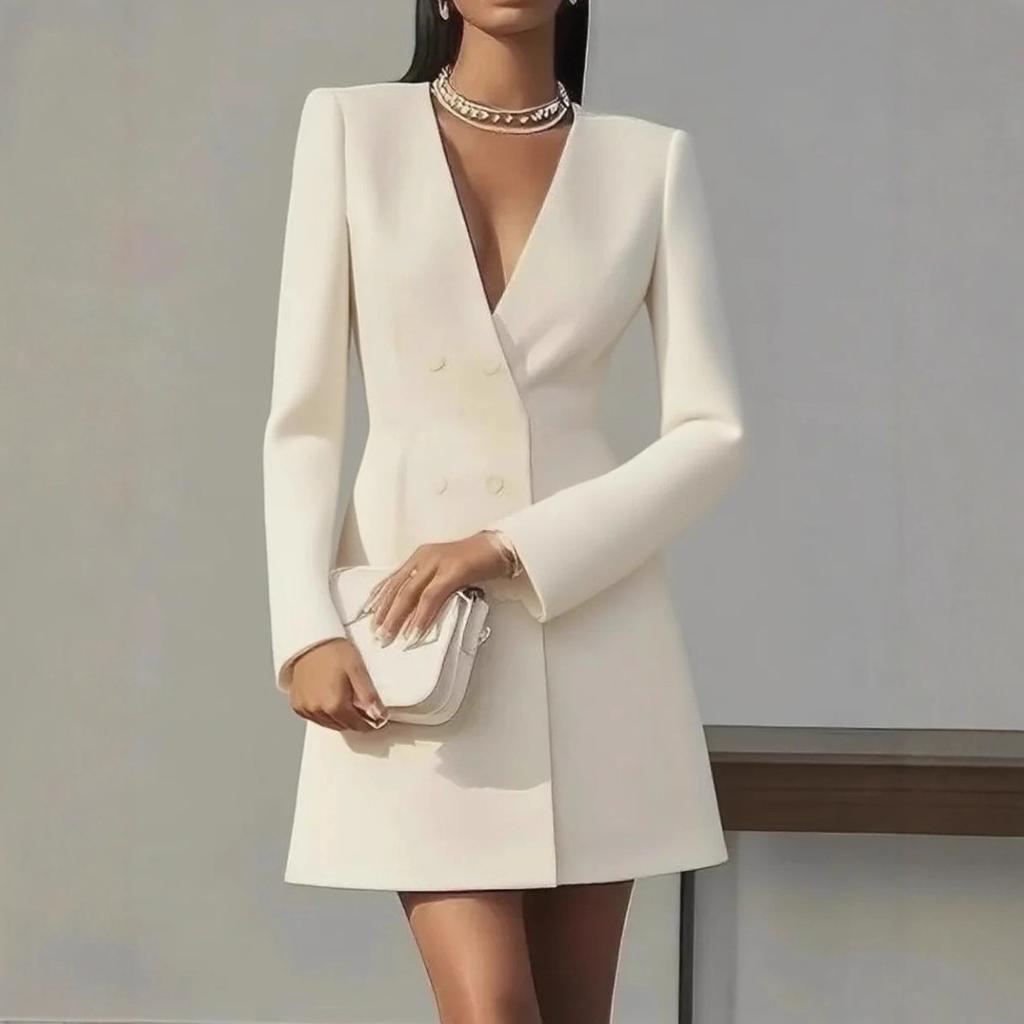Women's Double-Breasted V-Neck White Blazer Dress with Notched Lapel