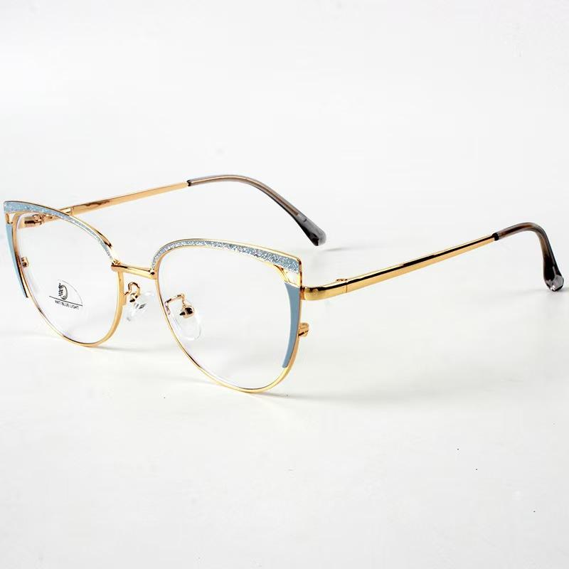 European and American new fashion anti-blue glitter glasses cat eye frame female metal personality trend versatile street shot flat mirror