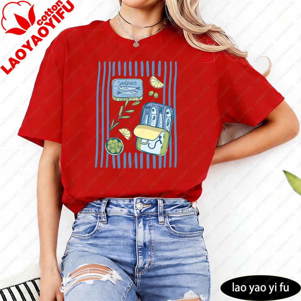 Retro Sardine Tin Graphic TShirt Coastal Food Graphic Tee Mediterranean Seafood Tshirt Summer Unisex Fashion Casual Cotton Tops S