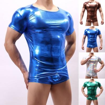 Summer Men T-shirt Glossy Surface Bronzing Slim Fit O Neck Solid Color Short Sleeves Pullover Party Club Performance Dance Streetwear Top