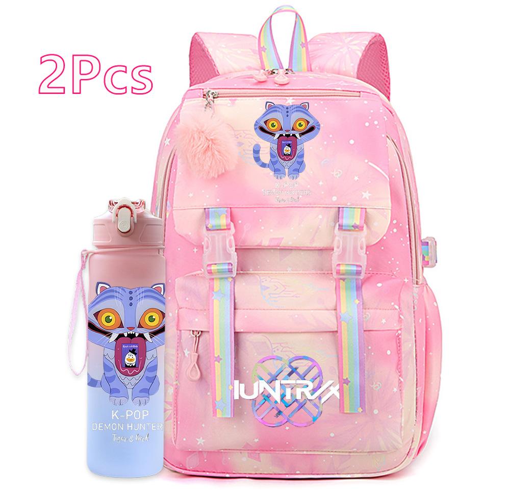 2Pcs/set New Anime Kpop Printed Backpack with 750Ml Water Bottler Large Capacity Travel Bag for Teenager Girl Boy Bookbag Kid Gift Large Capacity Bag