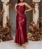 Light luxury burgundy satin suspender dress, waist pleated slim fishtail, banquet party night