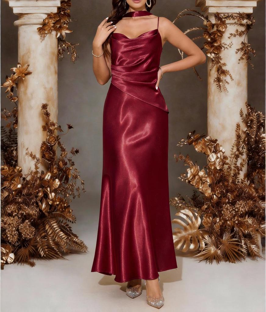 Light luxury burgundy satin suspender dress, waist pleated slim fishtail, banquet party night