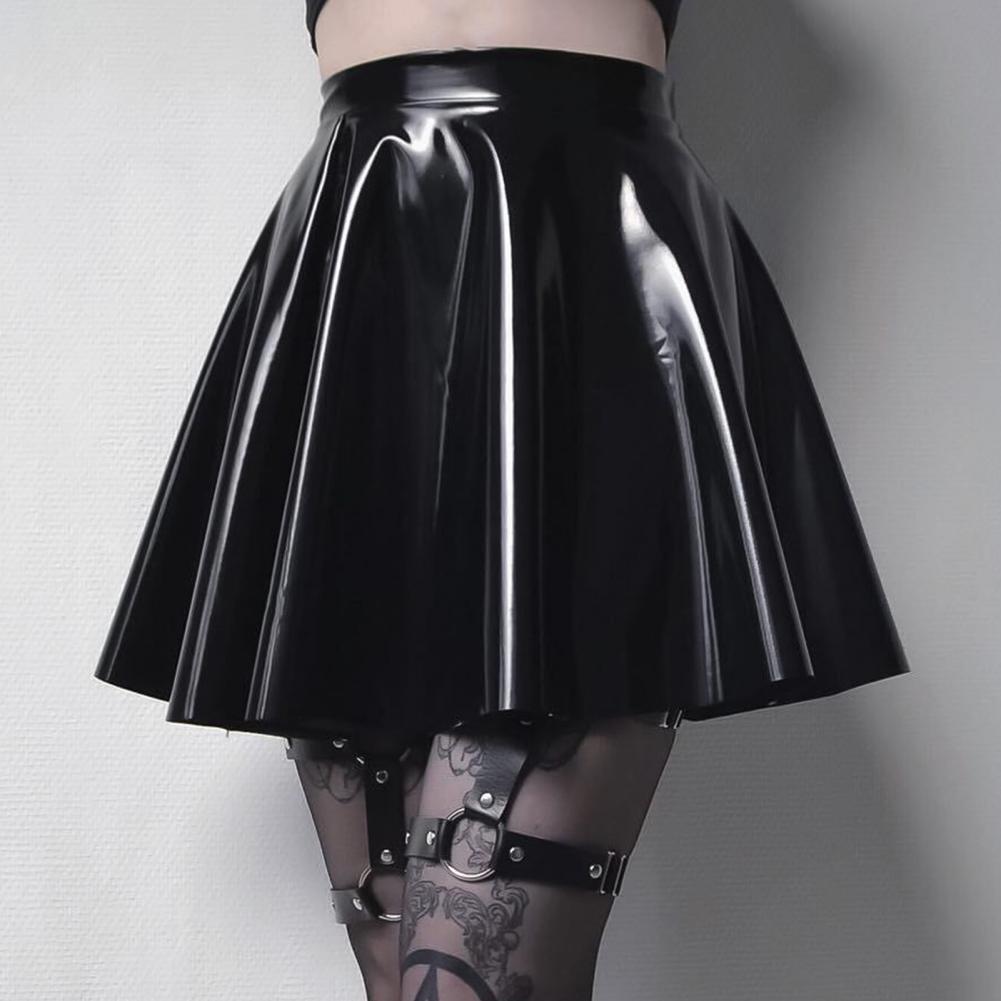 Women Mini Skirt High Waist Mirror Glossy Surface Short Skirt Faux Leather Solid Color Performance Skater Skirt