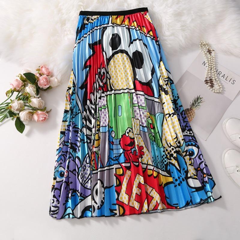 Bust skirt women s elastic waist pleated skirt printed medium and long skirt pleated A-shaped skirt temperament elegant One size fits all