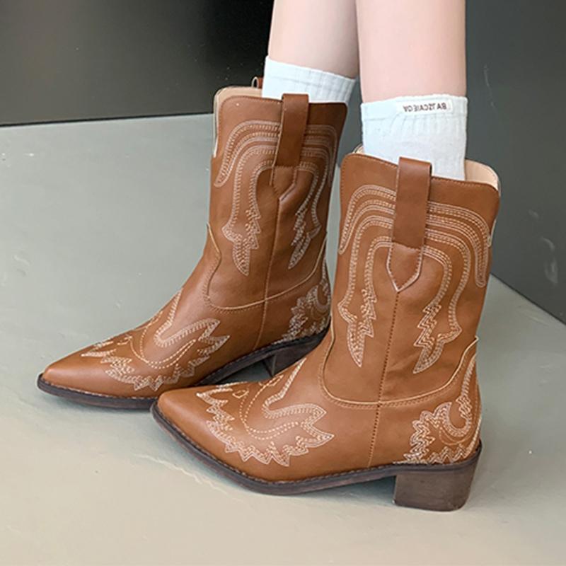 fashion Autumn Winter 2024 Western Cowboy Boots Slip On Women's Boots Embroidered Rider Motorcycle Boots Pu Leather Mid-Calf Boots 35-40