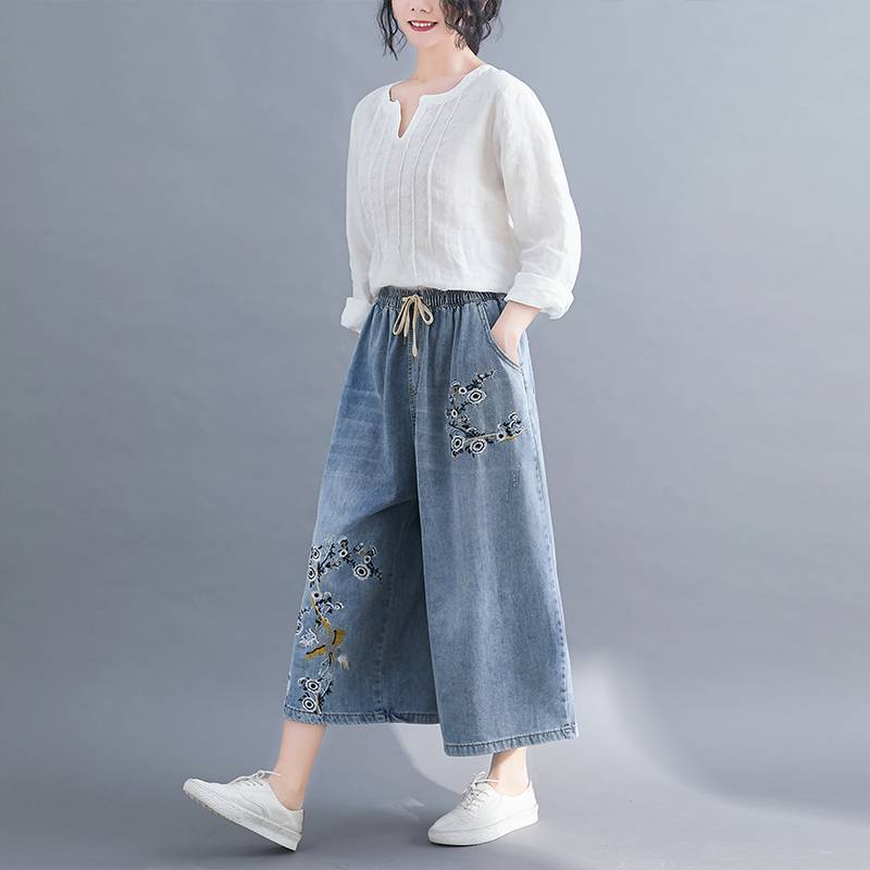 Ethnic Embroidered Flower Wide Leg Pants Women's Skinny Foreign High Waist Jeans Fashion Women Denim Wide Leg Cropped Pants Floral Embroidery Jeans