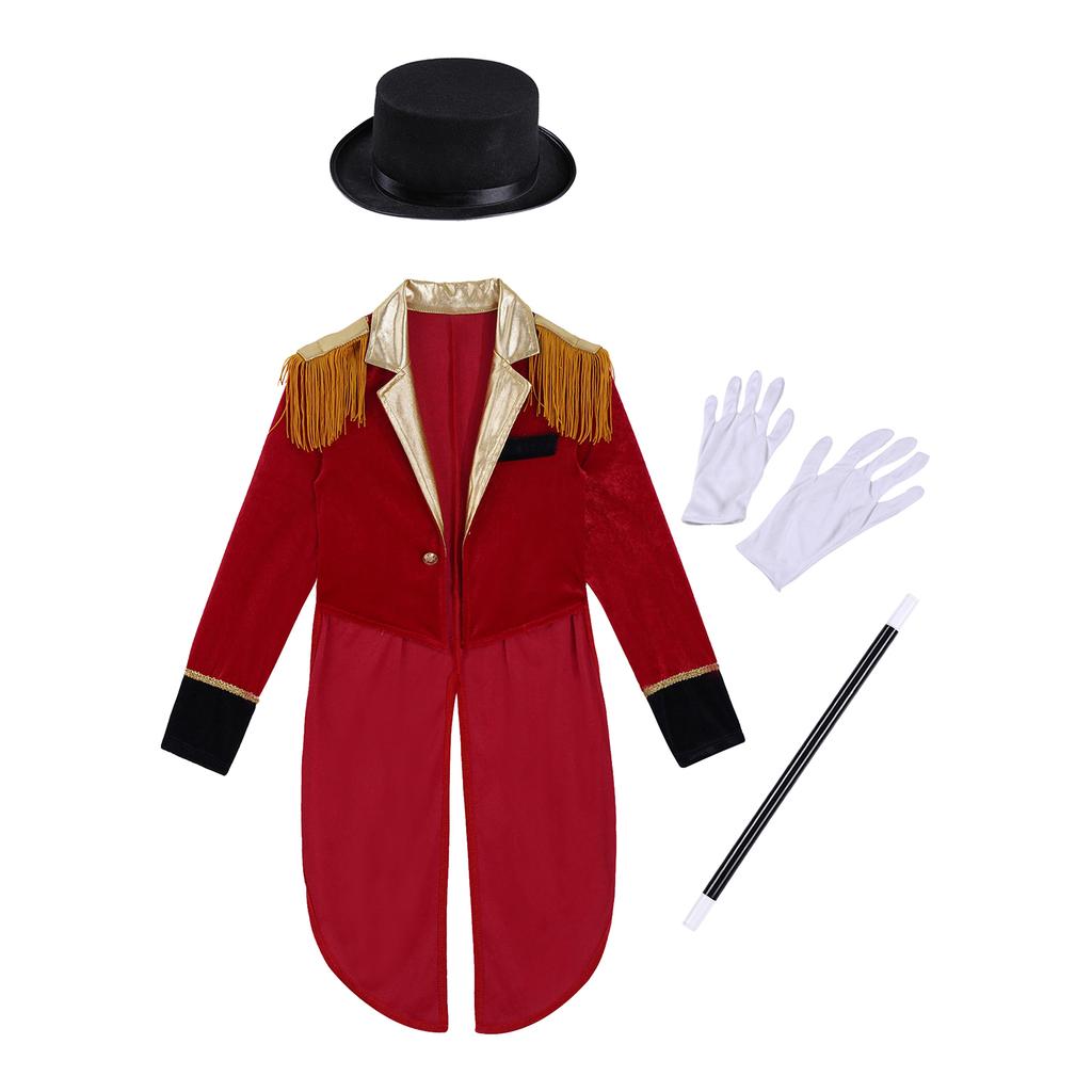 Boys Circus Costume Set Long Sleeve Lapel Tassel Shoulder Tailcoat Complete Hat Magic Wand Gloves Accessory Kit