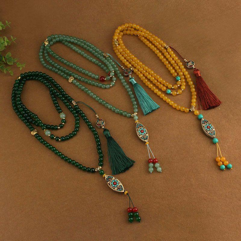New Chinese Style Green Beaded Long Necklace for Women Ethnic Sweater Chain Retro Cheongsam National Style Crossbody Chain Ornament