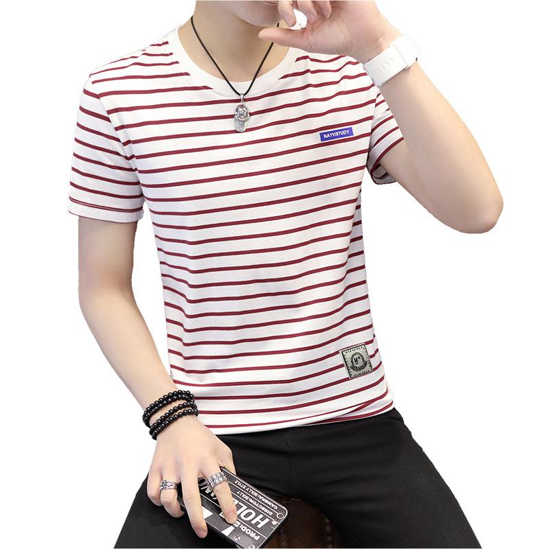 

Summer Business Casual Men s Short Sleeve T-shirt Striped Slim T-shirt L