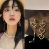 925 Silver Korean Asymmetrical Heart Diamond Pearl Tassel Earrings