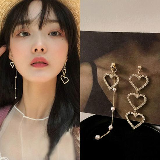 925 Silver Korean Asymmetrical Heart Diamond Pearl Tassel Earrings