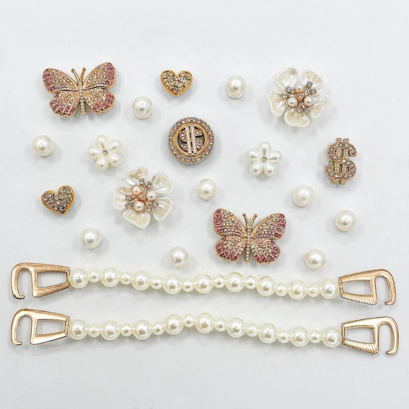 21PCS Fashion Shoe Charms Set Accessories Hole Shoe Buckle Diamond Butterfly White Flower Pearl Chain DIY 3D Shoes Decorations