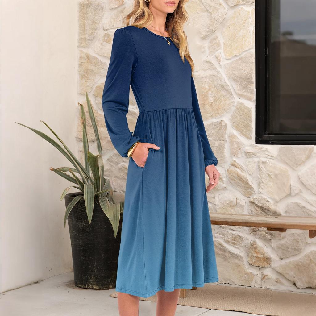 Women's Fashionable Loose Gradient Printed Round-neck Dress