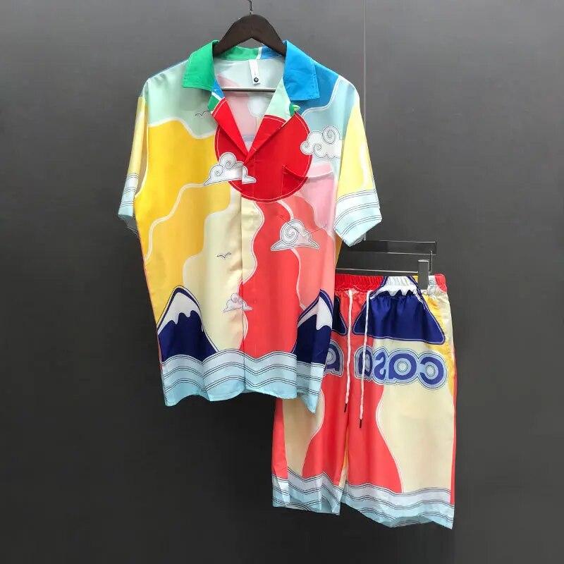 Top For Men Vintage Pattern Lapel Streetwear Shirt Suit Casual Sets Homme Art Landscape Print Short-sleeved Shirt Set Short