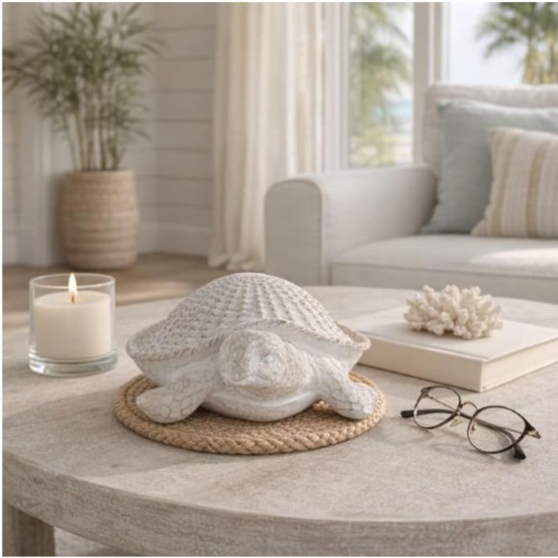 Coastal Style Resin Turtle Decorative Piece with Texture for Desktop Display. Maritime Beach Style Home Decoration Sculpture.