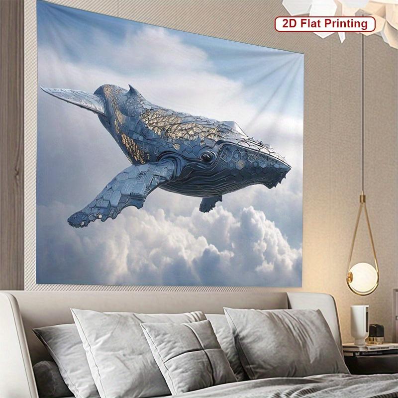 Flying Mechanical Whale Tapestry Futuristic Steampunk Whale in Cloud Sky 2D Art Wall Hanging for Bedroom or Dorm Decor