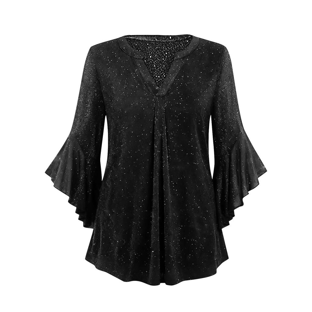 Women's Fashion Tulle V-Neck Petal-Sleeve Three-Quarter-Length Loose-Fit Top