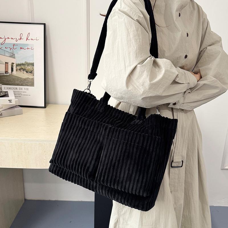 Simple Solid Color Corduroy Shoulder Bags for Women Large Capacity Ladies Multi-Pocket Tote Handbags Student Crossbody Bag