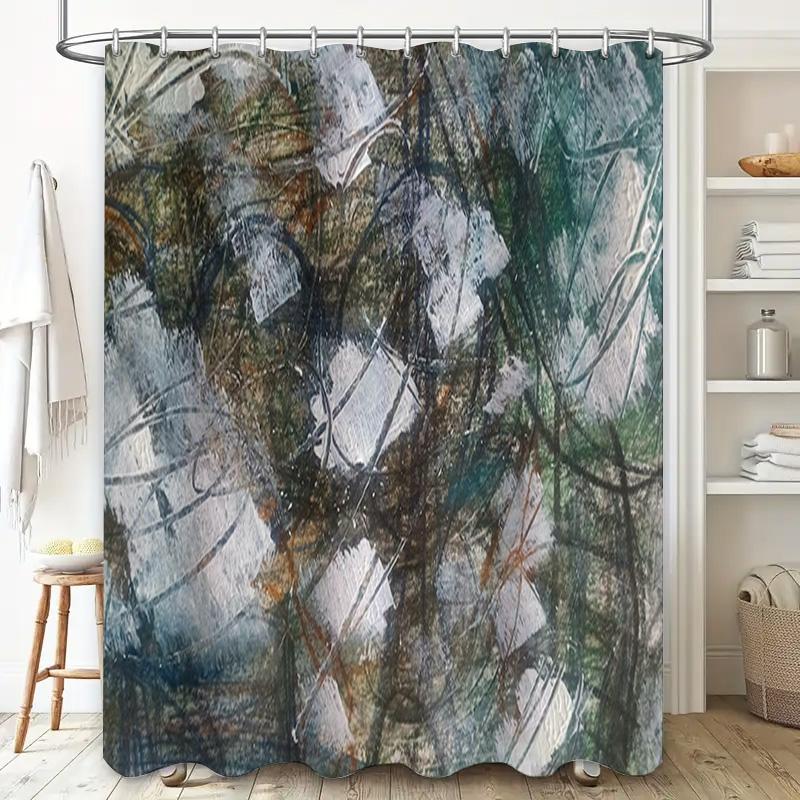 Modern Abstract Print Shower Curtain Set for Bathroom Decor Green/White Colorful Waterproof Fabric with Hooks included