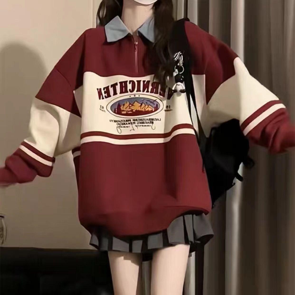 

Retro College American Fleece-Lined Half-Zip Sweatshirt: Thick Loose Fit for Autumn/Winter M (Below 100 Jin)