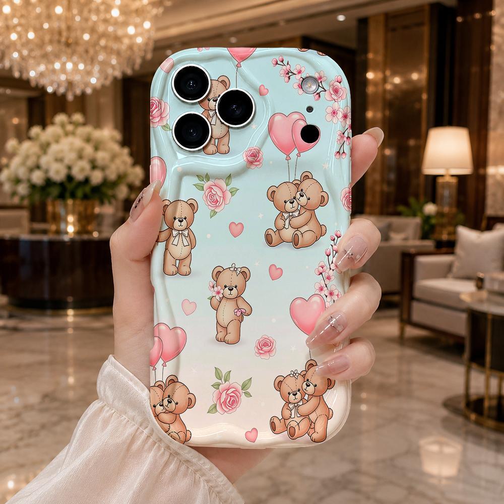 All Over Cartoon Teddy Bear Heart Balloon Wavy Edge Phone Case For iPhone 17 16 15 14 13 12 11 8 7 Plus Pro Max Cute Cover