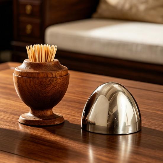 Stainless Steel Wooden Toothpick Holder Dustproof Toothpick Dispenser Box Home Office Restaurant Desktop Toothpick Organizer Container