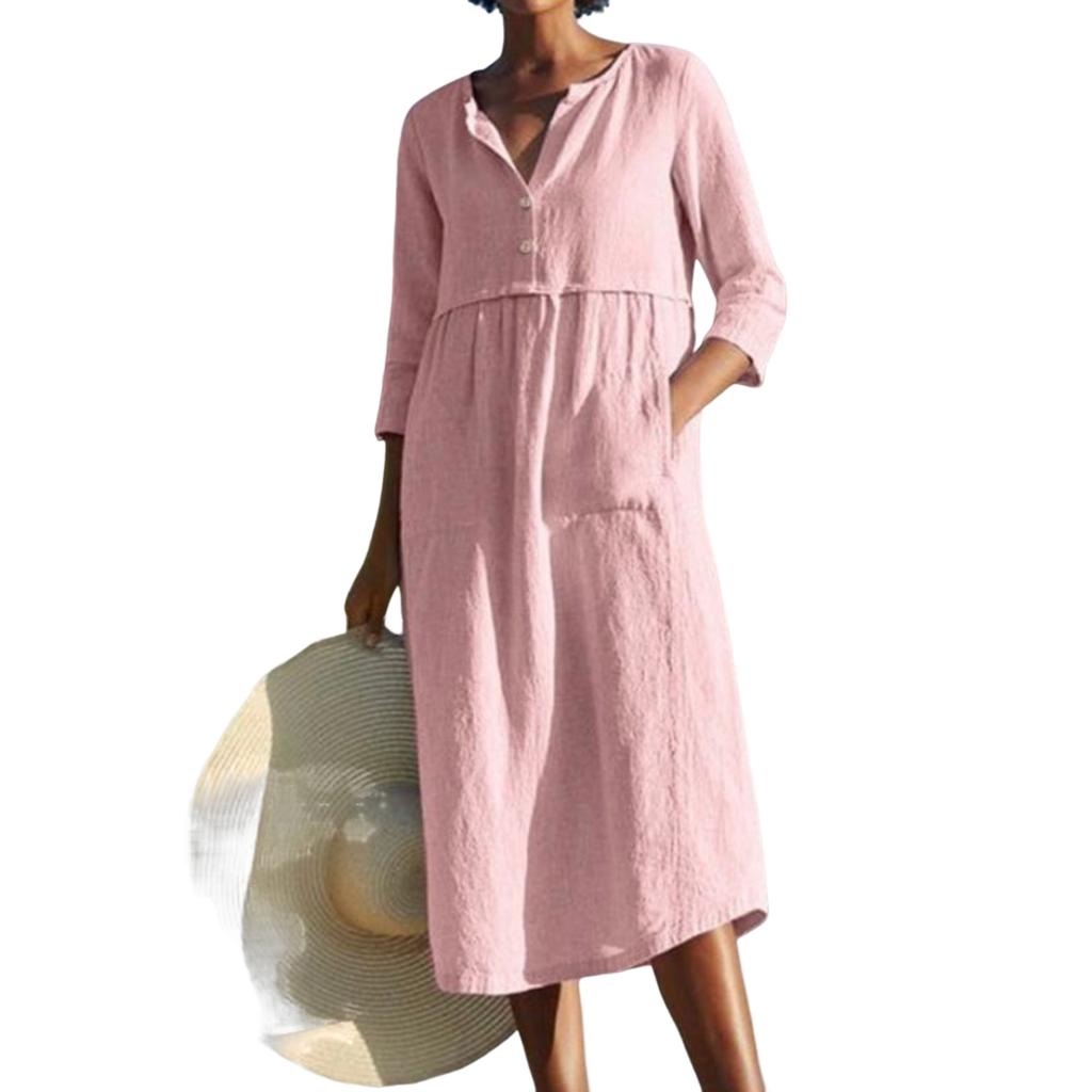 Γυναικείο φόρεμα με μονόχρωμο μονόχρωμο βαμβακερό λινό μανίκι με κουμπιά