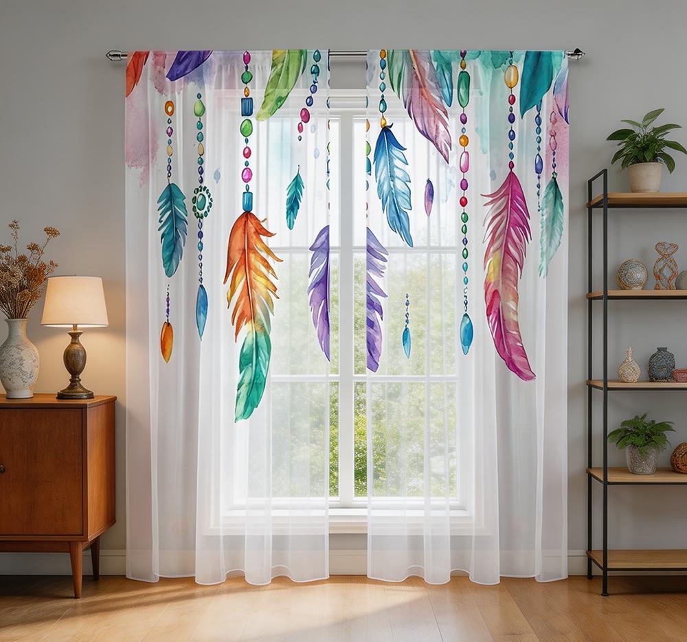 2PCS Digital Printing Sheer Curtain, Colorful Feathers Dreamcatcher Pattern, Bohemian Tribal Ethnic Hippie Bedroom Decor