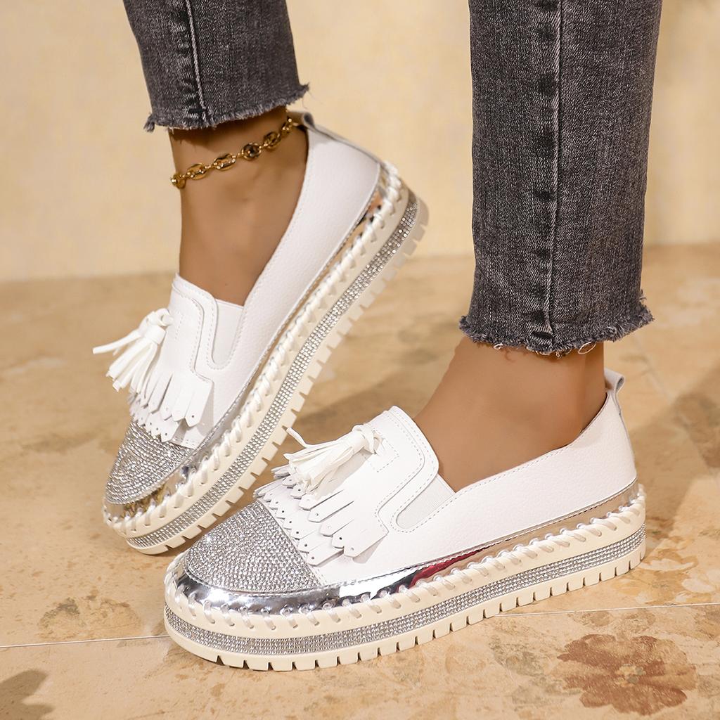 Fashion Aphixta Fringe and Crystals Design Leather Flats Shoes Women Silver Bling Loafers Shoes Woman Flat With Student Footwear Size 43
