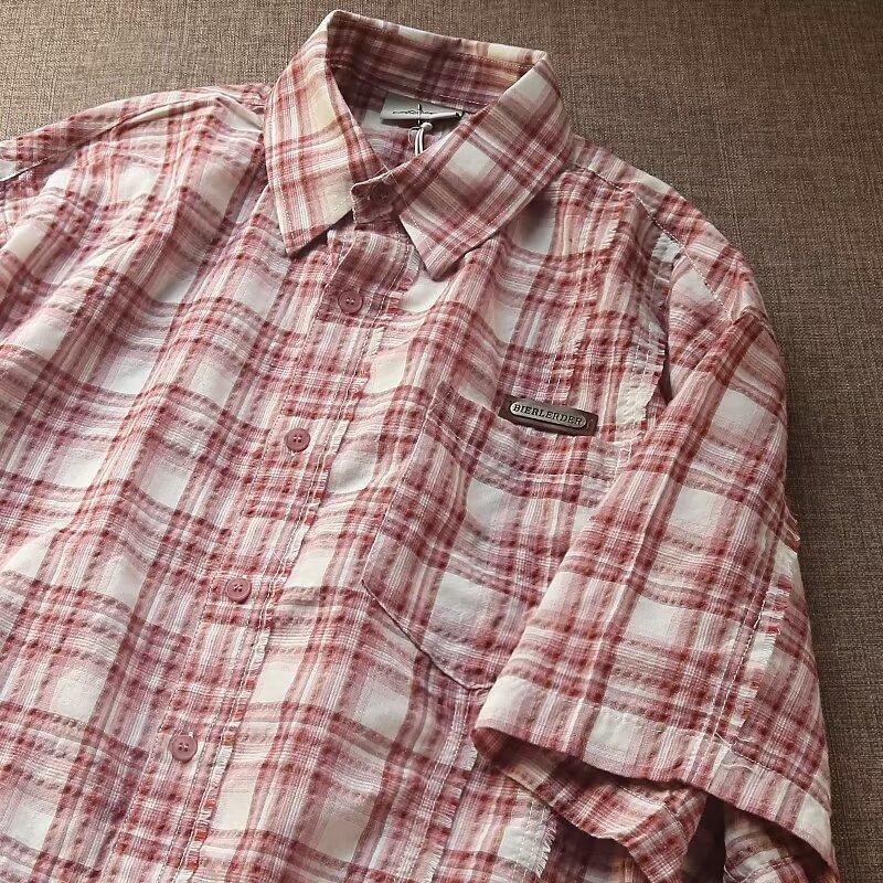 Pánská kostkovaná košile s čtvercovým výstřihem, mládežnická móda, japonský styl, umělecká, pánská volná košile, nová móda s dlouhým rukávem, podzimní trend, Harajuku